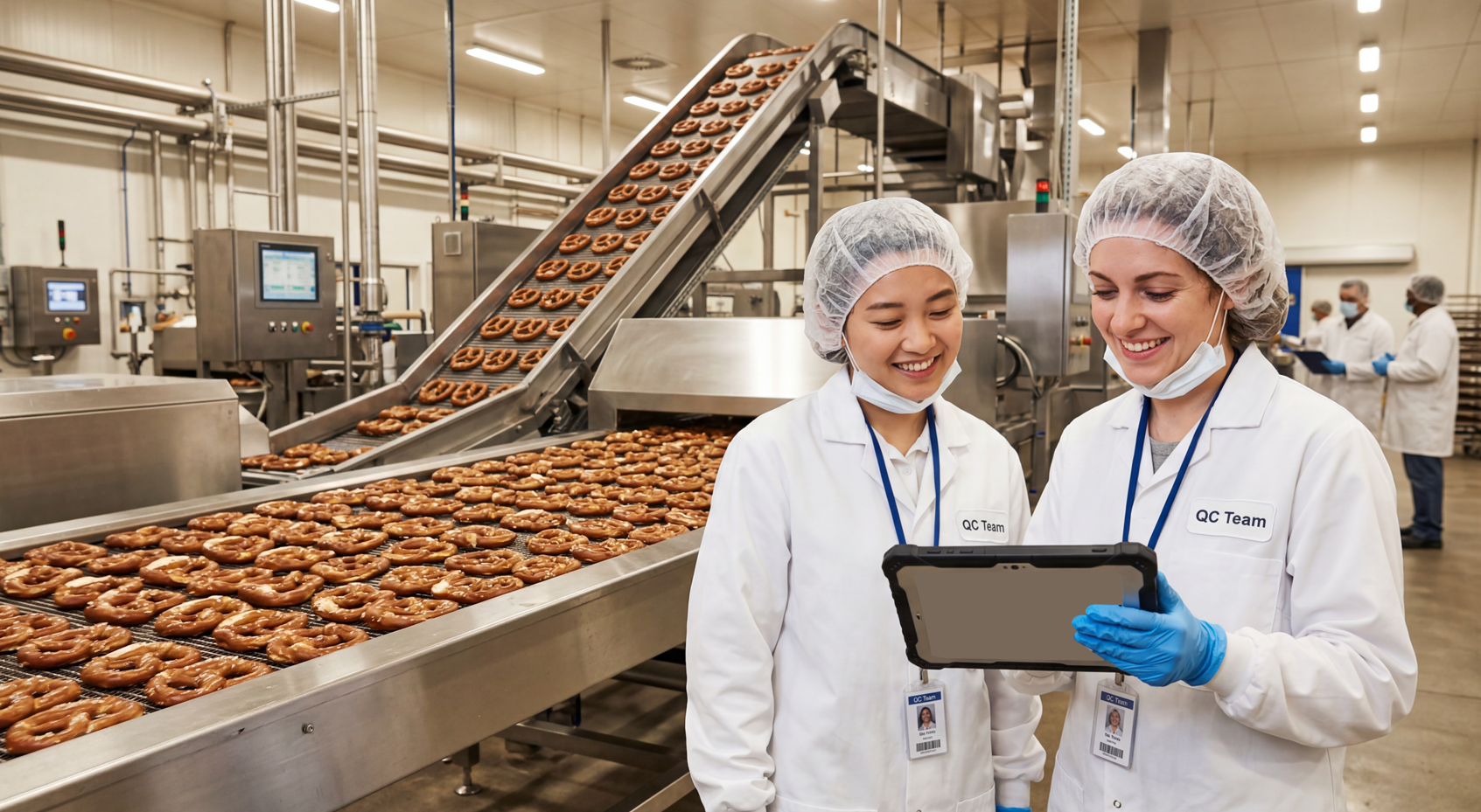 Food processing quality control scene with dry goods, gas cylinders and stainless steel lab equipment