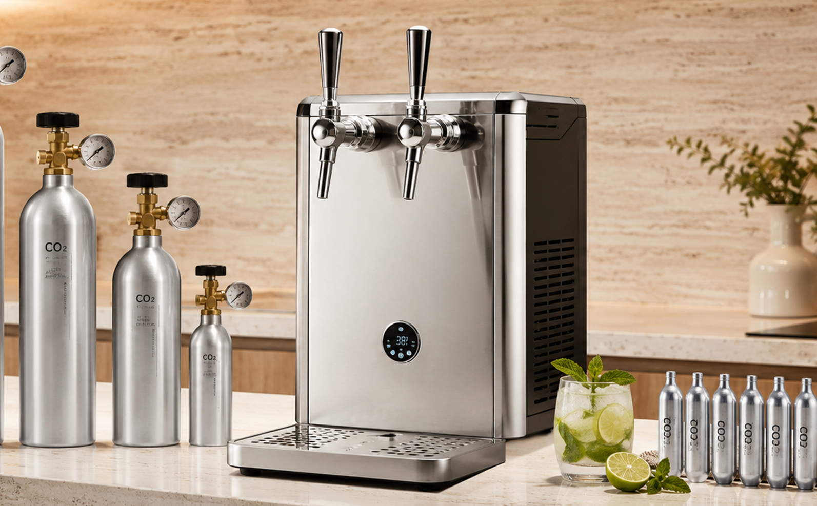 Commercial soda machine, beverage taps and matched CO2 setup